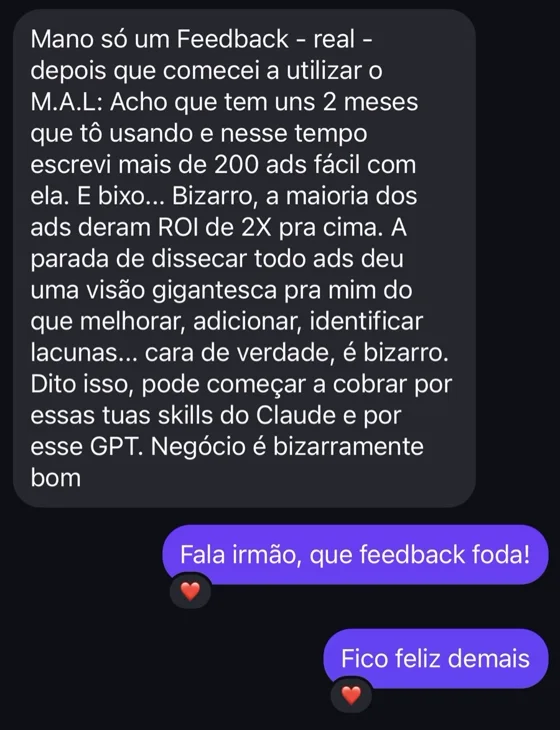Print de feedback: mais de 200 ads escritos em 2 meses, maioria com ROI acima de 2X