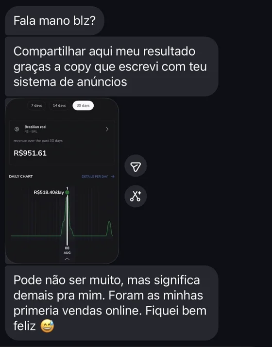 Print de WhatsApp: primeiras vendas online com copy escrita com o sistema