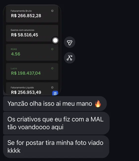 Print de resultado: R$266 mil de faturamento e ROAS 4.56 com criativos feitos com a MAL